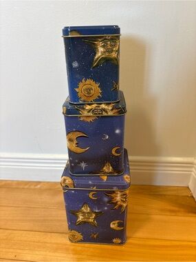 Vintage 90s Blue Celestial Sun Moon Stackable or Nesting Storage Tins Nostalgia